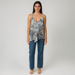 Loila Black & White Sheer Leopard Animal Print V Neck Blouse Tank Top size L